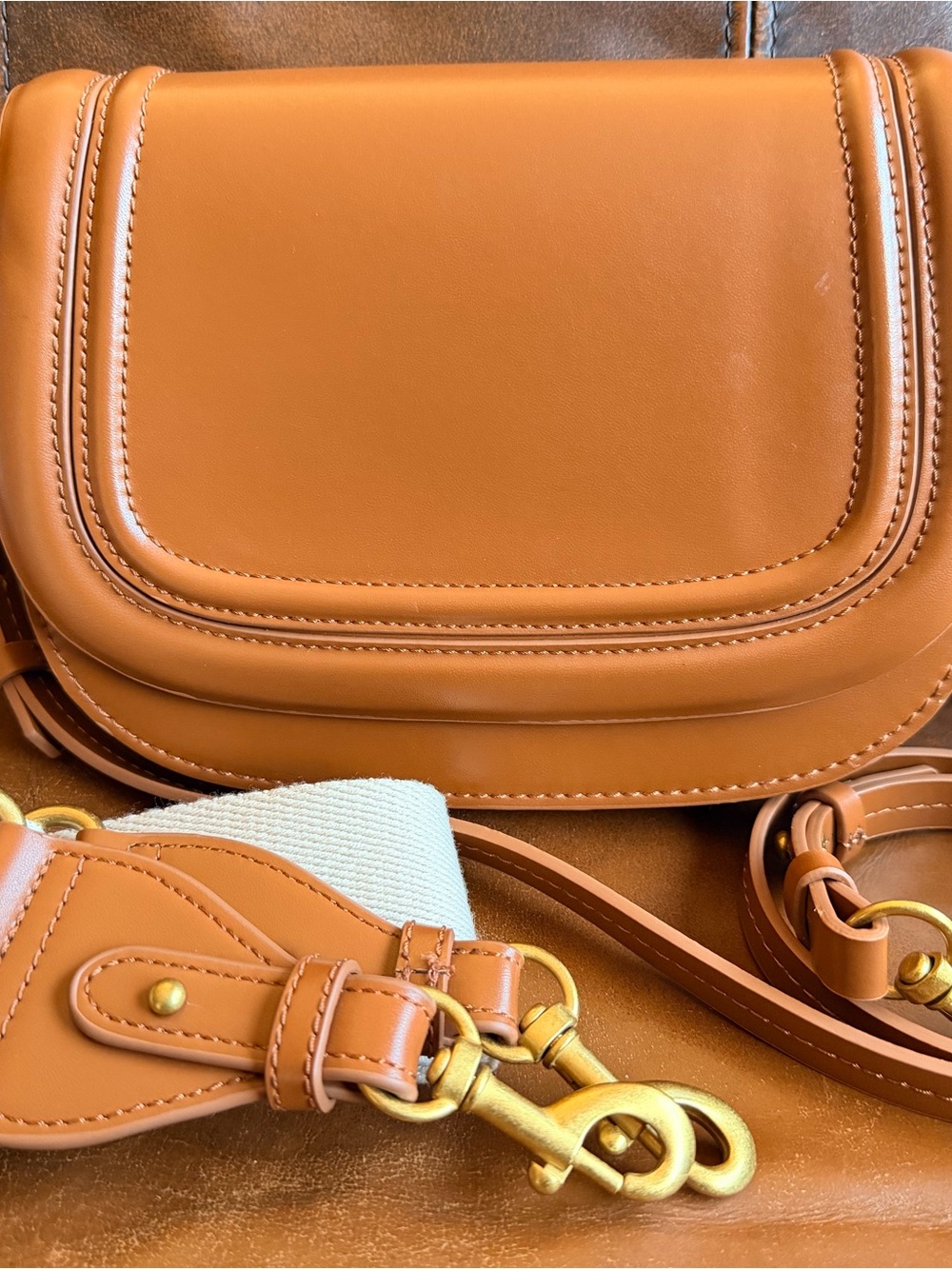 Zara Caramel Leather Crossbody Bag with Gold Hardware and Cream Strap Accent